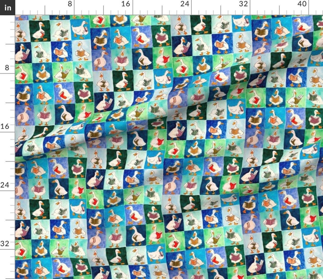 Blue Birds Animals Whimsical Books Ducks Watercolor Book Covers Reading Group Duck Readers Library Lover Large Scale Custom Printed Fabric by Spoonflower Various Fabrics by the Yard or Fat Quarter